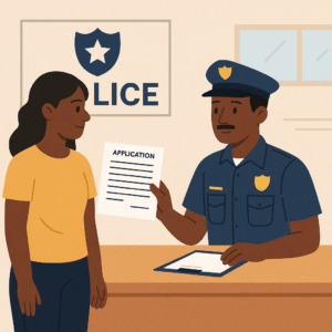Illustration of a Jamaican citizen submitting documents at a police office