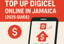 How to top up Digicel online in Jamaica in 2025 with smartphone, Digicel card, and payment icons from HowToJA.com
