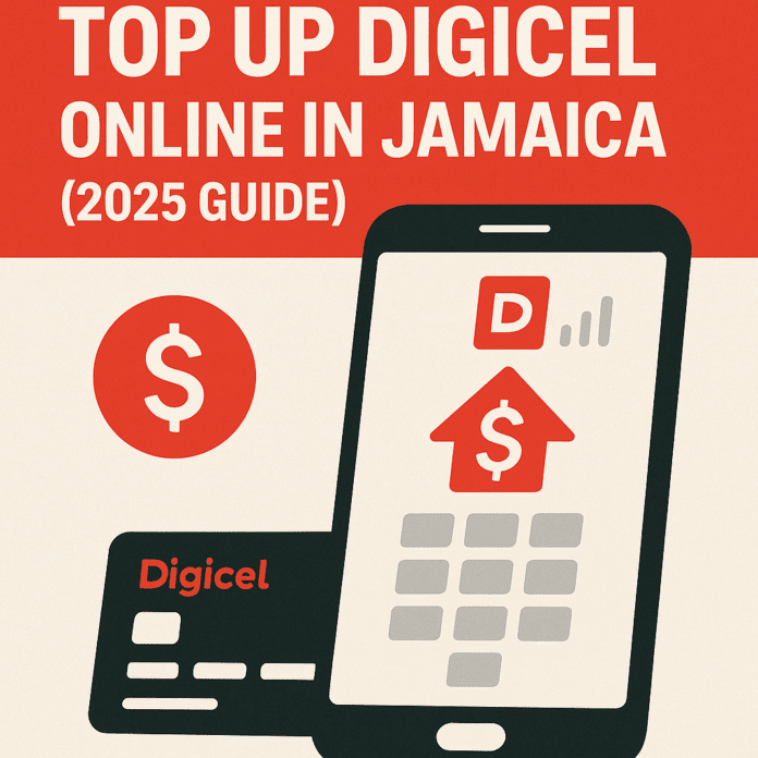 How to top up Digicel online in Jamaica in 2025 with smartphone, Digicel card, and payment icons from HowToJA.com