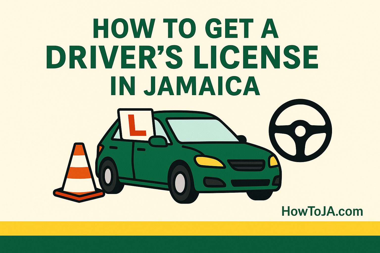 How to get a driver’s license in Jamaica in 2025 featuring a learner vehicle, steering wheel, and traffic cone from HowToJA.com