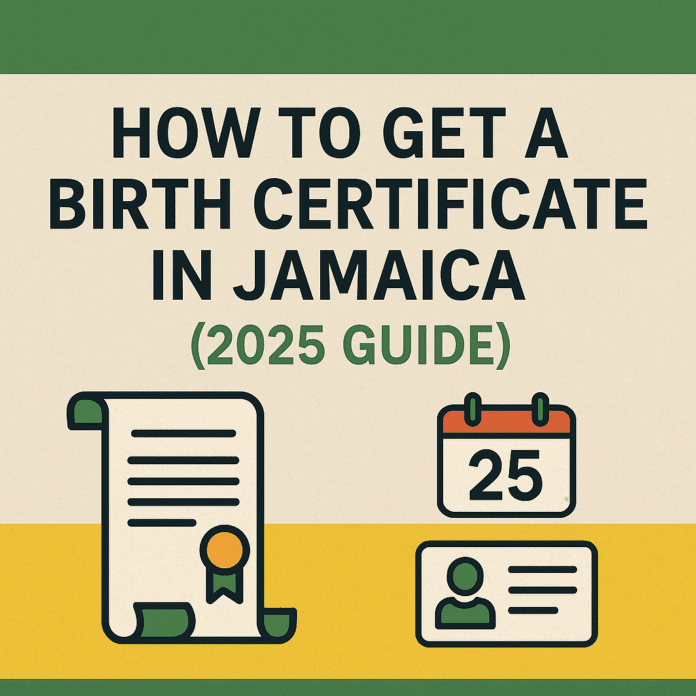 How to get a Jamaican birth certificate in 2025 featuring a certificate scroll, ID card, and calendar icons in Jamaican colors from HowToJA.com