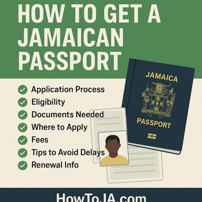 How to get a Jamaican passport in 2025 with checklist, Jamaican passport icon, photo ID, and HowToJA.com branding