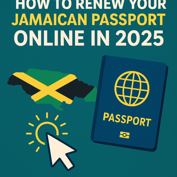 Guide to renew your Jamaican passport online in 2025 with map, passport icon, and click symbol on HowToJA.com