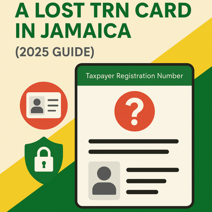 How to report and replace a lost TRN card in Jamaica in 2025 with icons of ID card, question mark, and lock on HowToJA.com