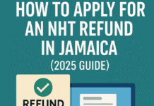 How to apply for NHT refund in Jamaica in 2025 with refund form, coin icon, laptop, and HowToJA.com branding