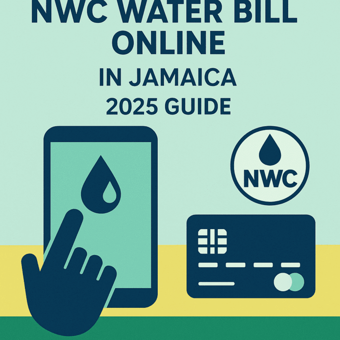 Guide to pay NWC water bill online in Jamaica in 2025 showing water droplet, smartphone, credit card, and NWC icon on HowToJA.com
