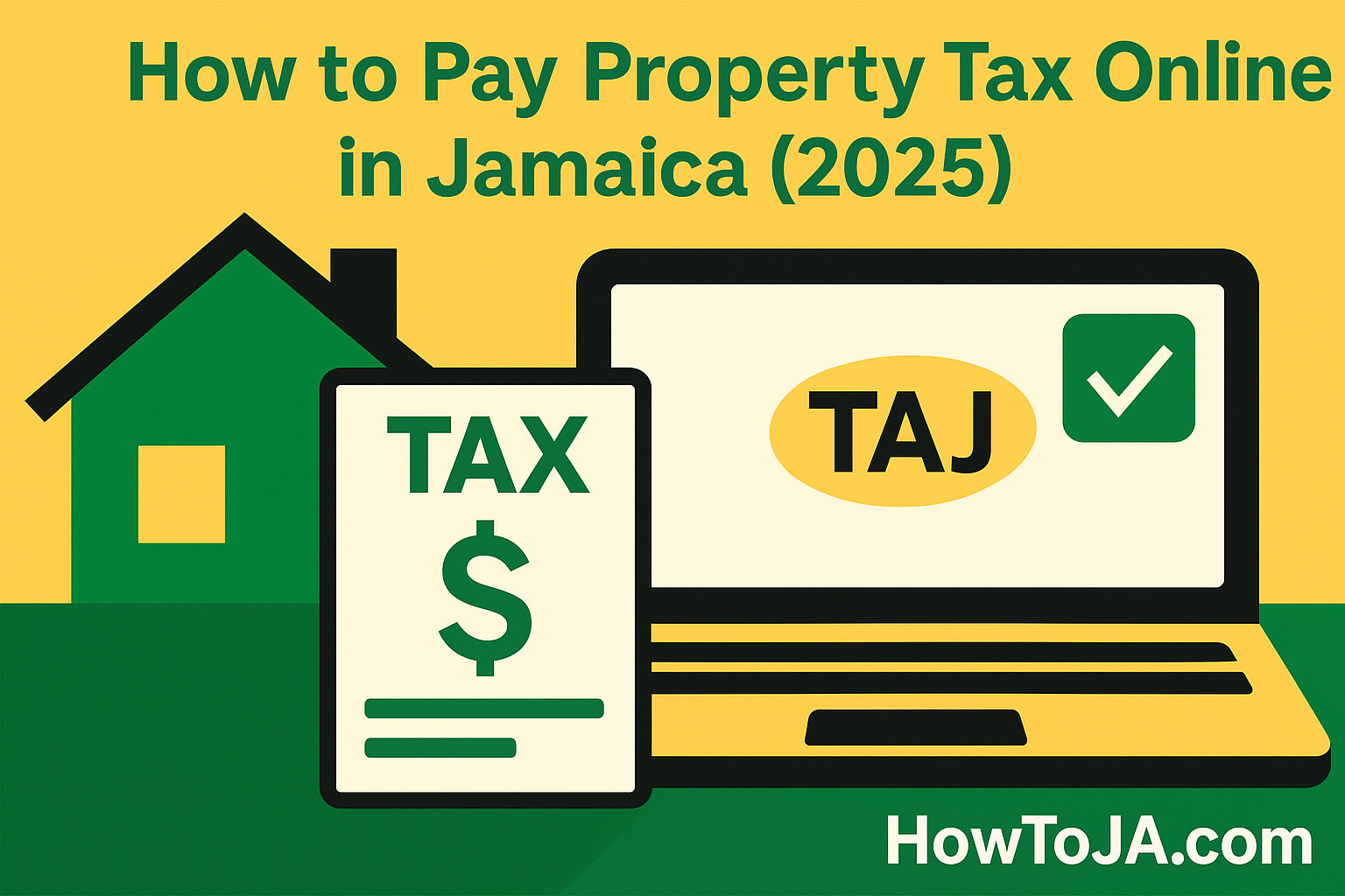 How to pay property tax online in Jamaica in 2025 with icons of house, tax document, and laptop showing TAJ and HowToJA.com branding