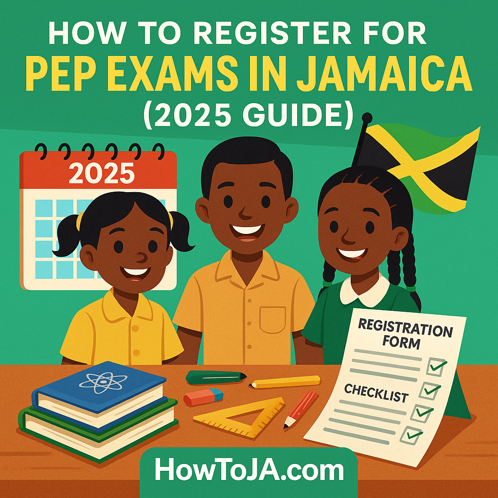 How to register for PEP exams in Jamaica in 2025 with smiling students, registration forms, school supplies, and HowToJA.com branding