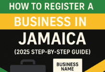 How to register a business in Jamaica in 2025 with icons of briefcase, business certificate, ID, and Jamaican flag colors from HowToJA.com