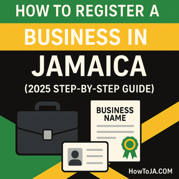 How to register a business in Jamaica in 2025 with icons of briefcase, business certificate, ID, and Jamaican flag colors from HowToJA.com