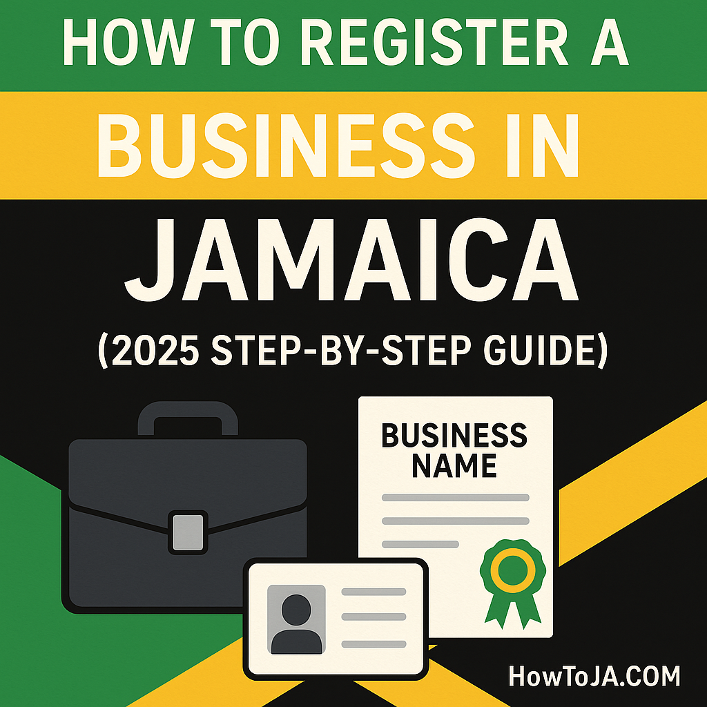 How to register a business in Jamaica in 2025 with icons of briefcase, business certificate, ID, and Jamaican flag colors from HowToJA.com