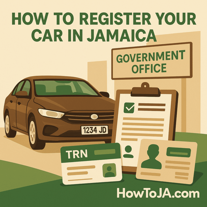 How to register your car in Jamaica in 2025 with vehicle, license plate, tax receipt, and HowToJA.com branding