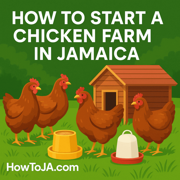 How to start a chicken farm in Jamaica in 2025 with coop, brown chickens, and HowToJA.com logo