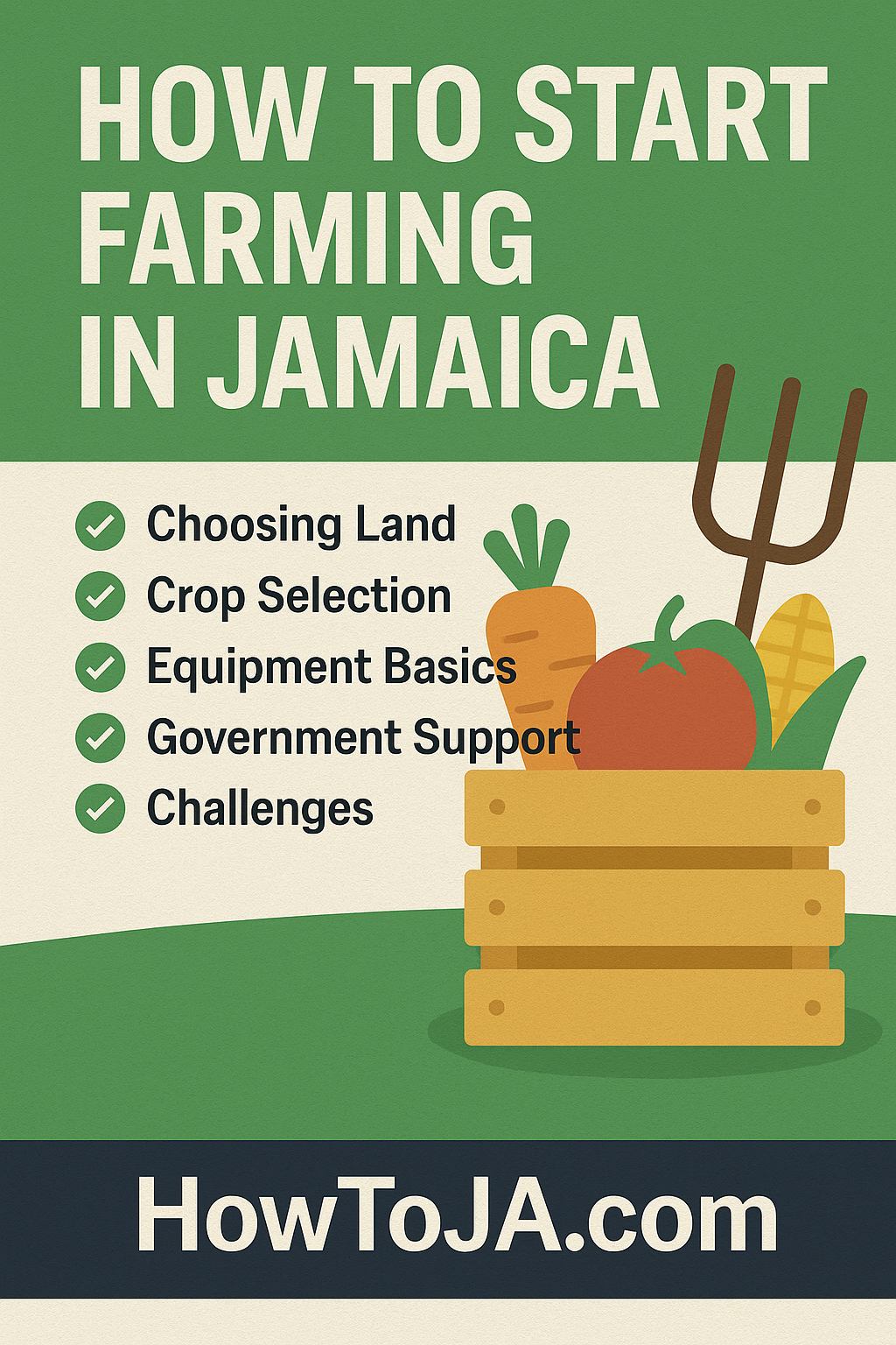 How to start farming in Jamaica in 2025 featuring crops, tools, and Jamaican farmer with HowToJA.com branding