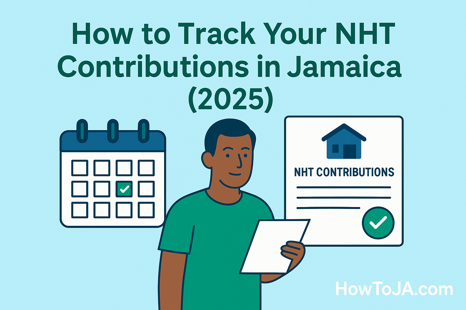 How to track NHT contributions in Jamaica in 2025 with icons of calendar, NHT document, and HowToJA.com branding