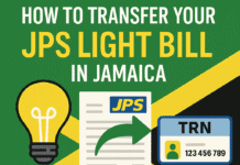 How to transfer your JPS light bill in Jamaica in 2025 with icons of light bulb, JPS form, TRN card, and HowToJA.com branding