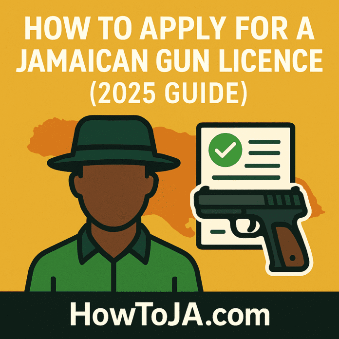 Illustration of a Jamaican man in a green shirt and hat with a handgun and approval document, over a map of Jamaica, with the title “How to Apply for a Jamaican Gun Licence (2025 Guide)” and HowToJA.com branding.