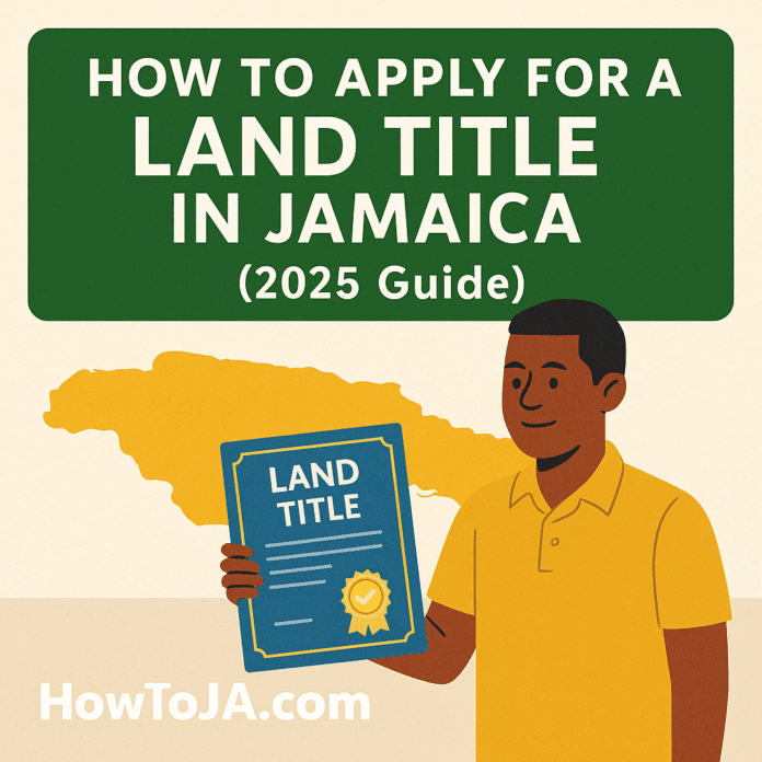 Illustration of a smiling Jamaican man holding a land title document in front of a yellow map of Jamaica, with the title “How to Apply for a Land Title in Jamaica (2025 Guide)” and HowToJA.com branding.