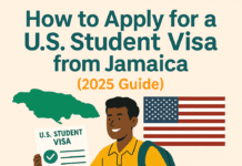 Illustration of a Jamaican student holding a U.S. student visa with a backpack and acceptance letter in front of a map of Jamaica and the U.S., with the title “How to Apply for a U.S. Student Visa from Jamaica (2025 Guide)” and HowToJA.com branding.