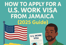 Illustration of a Jamaican man holding a U.S. work visa approval letter and suitcase in front of an American flag and map of Jamaica, with the title “How to Apply for a U.S. Work Visa from Jamaica (2025 Guide)” and HowToJA.com branding.