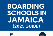 Infographic titled Boarding Schools in Jamaica 2025 showing icons of a school, dorm bed, and student in uniform