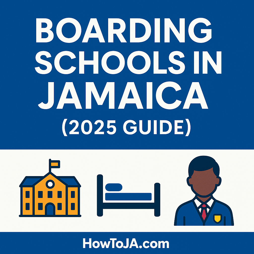 Infographic titled Boarding Schools in Jamaica 2025 showing icons of a school, dorm bed, and student in uniform