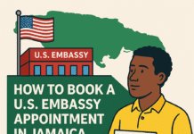 Illustration of a Jamaican man holding a U.S. embassy appointment confirmation in front of the U.S. Embassy building and a map of Jamaica, with the title “How to Book a U.S. Embassy Appointment in Jamaica (2025 Guide)” and HowToJA.com branding.