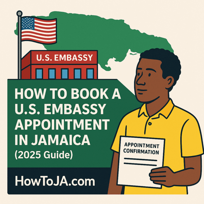 Illustration of a Jamaican man holding a U.S. embassy appointment confirmation in front of the U.S. Embassy building and a map of Jamaica, with the title “How to Book a U.S. Embassy Appointment in Jamaica (2025 Guide)” and HowToJA.com branding.
