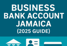 Infographic titled Business Bank Account Jamaica 2025 Guide with icons of a bank building, ID form, and debit card