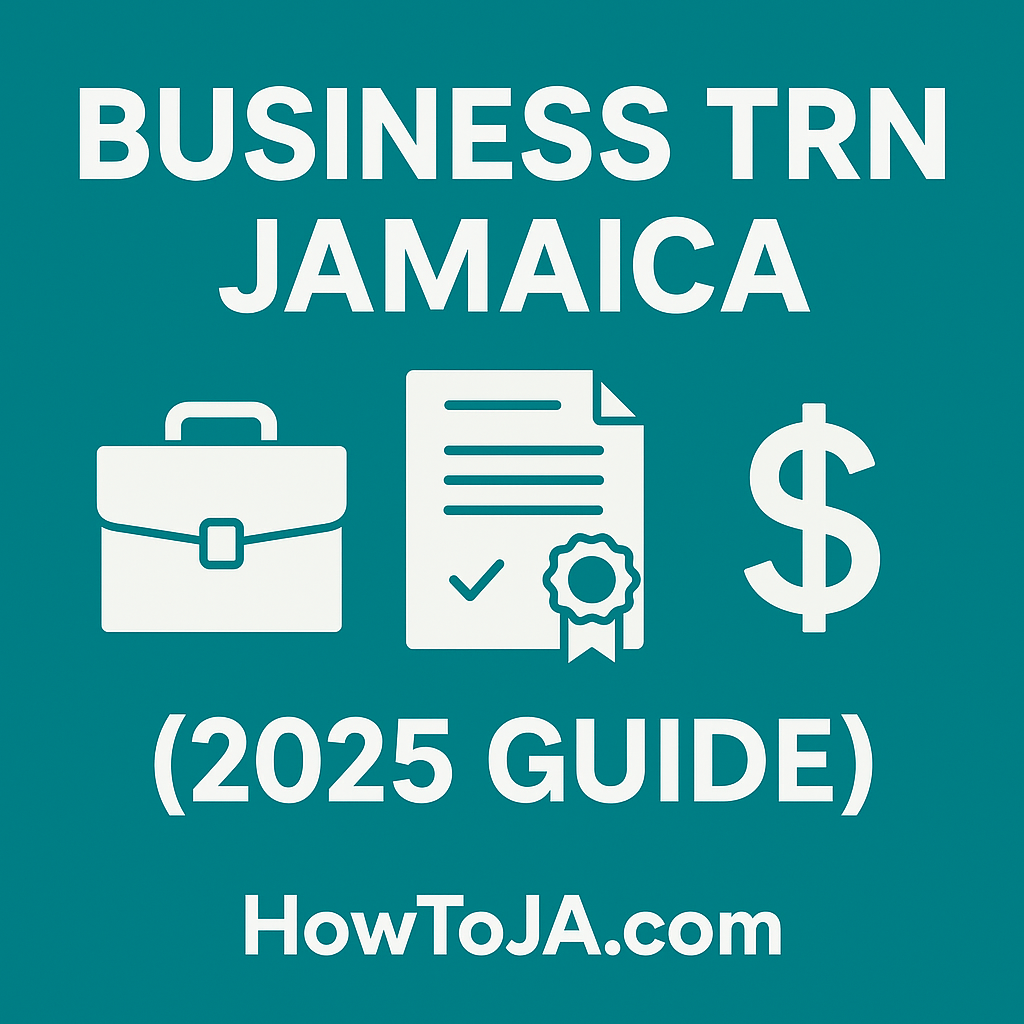 Infographic titled Business TRN Jamaica 2025 Guide with icons of a briefcase, certificate, and dollar sign on teal background