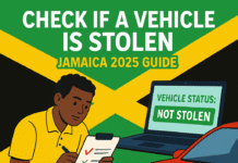 Illustration of a Jamaican man inspecting a car with a checklist and laptop screen reading “Vehicle Status: Not Stolen,” with Jamaican flag colors and HowToJA.com logo.