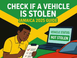 Illustration of a Jamaican man inspecting a car with a checklist and laptop screen reading “Vehicle Status: Not Stolen,” with Jamaican flag colors and HowToJA.com logo.