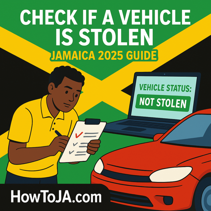 Illustration of a Jamaican man inspecting a car with a checklist and laptop screen reading “Vehicle Status: Not Stolen,” with Jamaican flag colors and HowToJA.com logo.