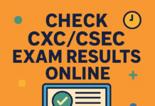 Bold graphic showing how to check CXC and CSEC exam results online in Jamaica with colorful educational design