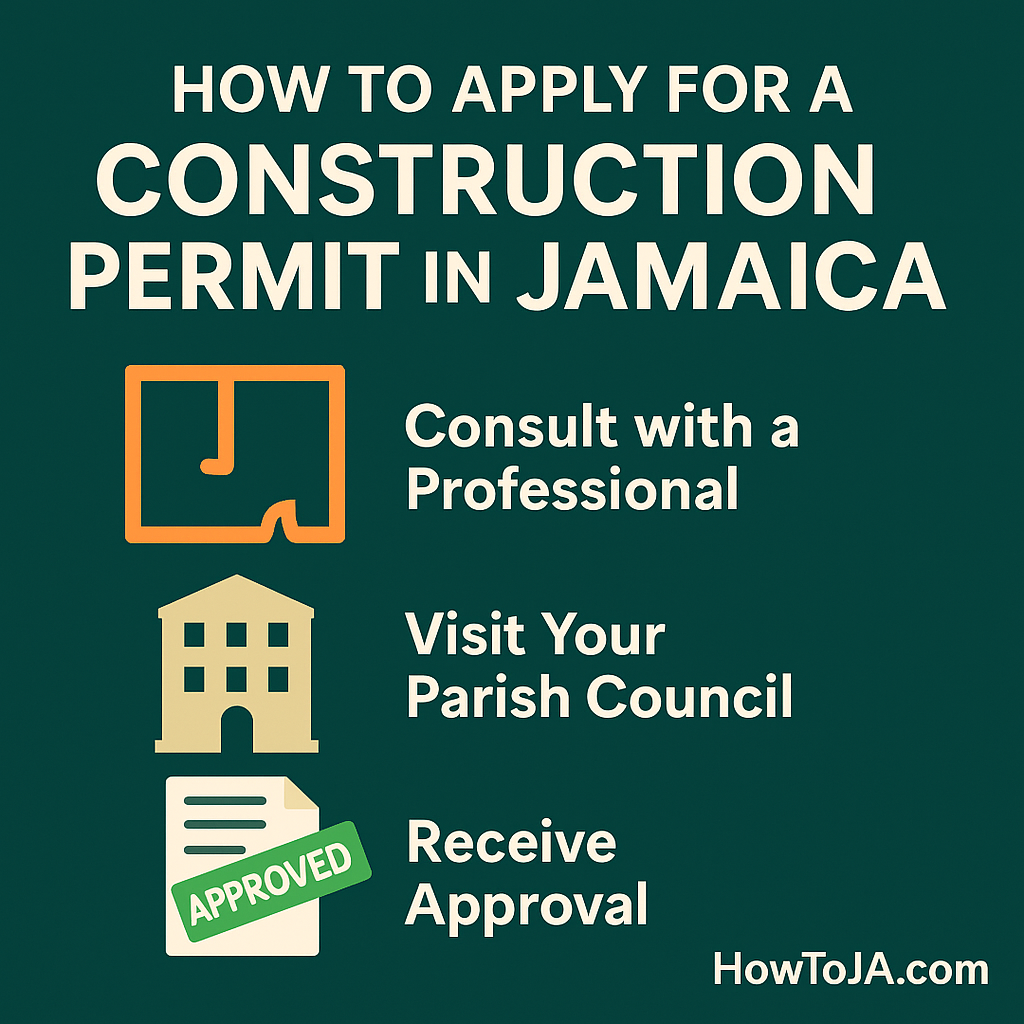 Infographic showing steps to apply for a construction permit in Jamaica with icons for planning, parish council, and approval