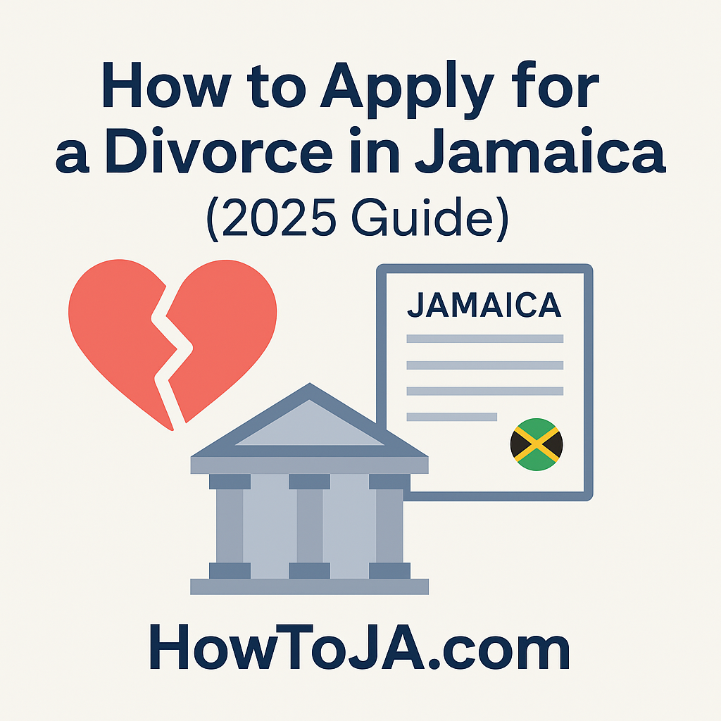 How to apply for a divorce in Jamaica in 2025 showing legal documents, broken ring, and HowToJA.com branding