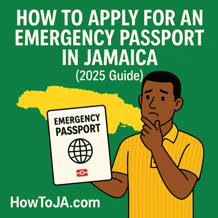 Illustration of a Jamaican man holding an emergency passport with a yellow map of Jamaica in the background, and the title “How to Apply for an Emergency Passport in Jamaica (2025 Guide)” with HowToJA.com branding.