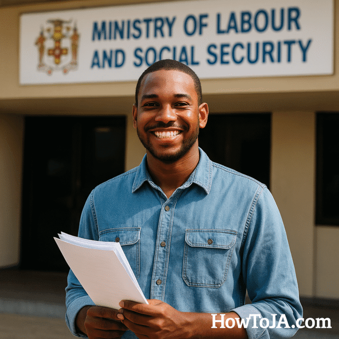 Young Jamaican man holding documents outside the Ministry of Labour and Social Security