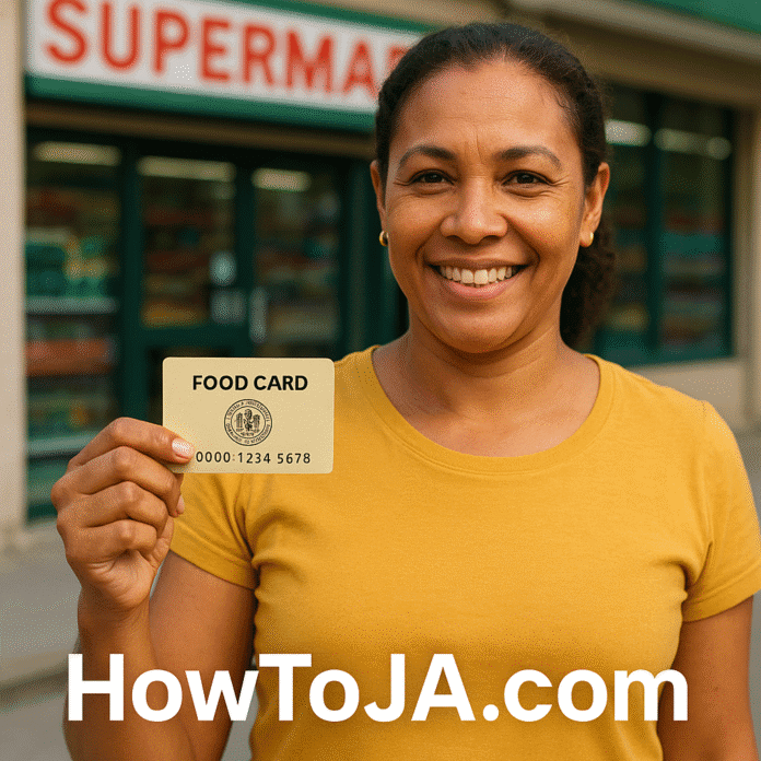 Jamaican woman holding food stamp card in front of supermarket