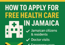 Informational graphic promoting free health care in Jamaica with tropical visuals and icons for medical services