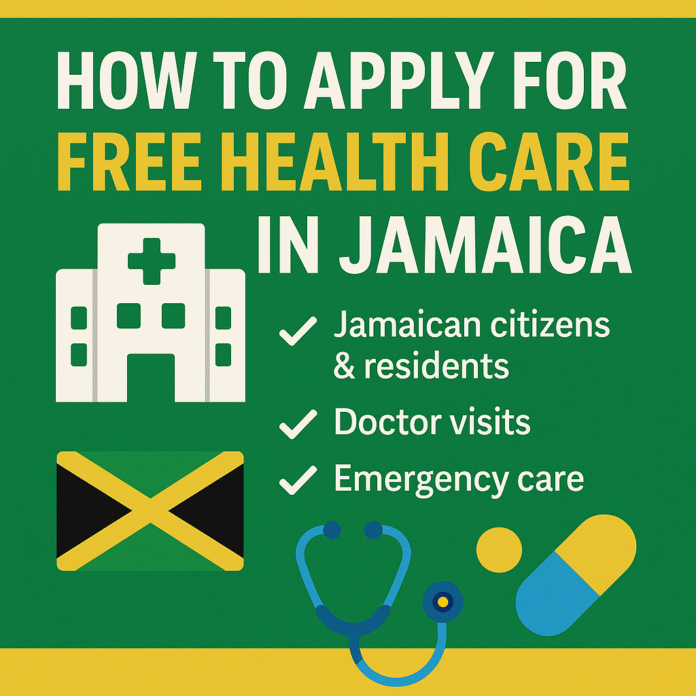 Informational graphic promoting free health care in Jamaica with tropical visuals and icons for medical services