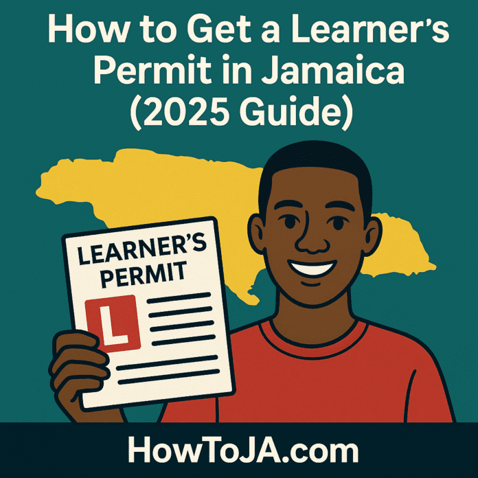 Illustration of a smiling Jamaican youth holding a learner’s permit with a yellow map of Jamaica in the background and the title “How to Get a Learner’s Permit in Jamaica (2025 Guide)” and HowToJA.com branding.