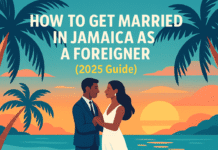 Romantic beach illustration of a wedding couple with sunset background promoting a guide on getting married in Jamaica as a foreigner (2025)
