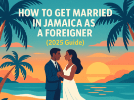 Romantic beach illustration of a wedding couple with sunset background promoting a guide on getting married in Jamaica as a foreigner (2025)