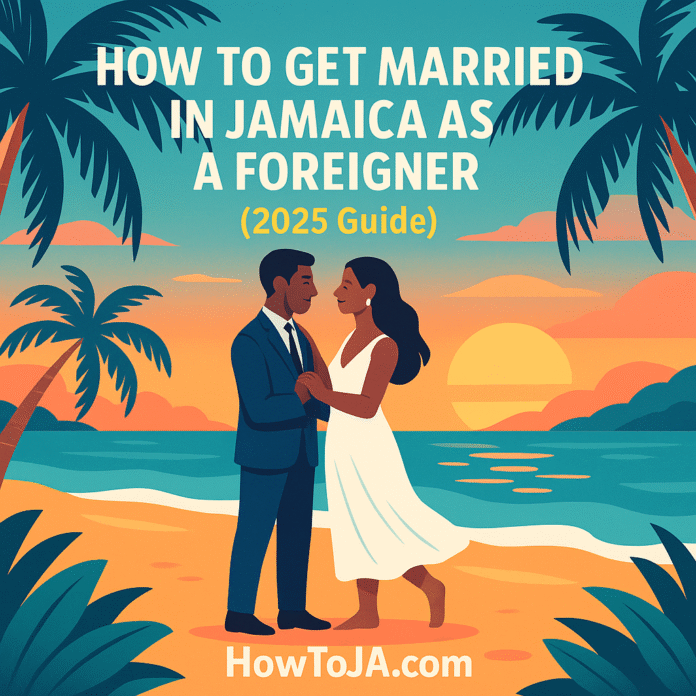 Romantic beach illustration of a wedding couple with sunset background promoting a guide on getting married in Jamaica as a foreigner (2025)