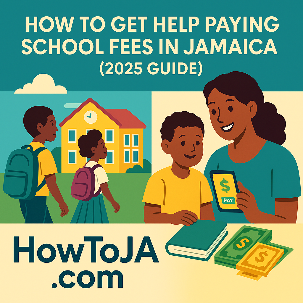 How to get help paying school fees in Jamaica in 2025 showing school supplies, money, and HowToJA.com branding