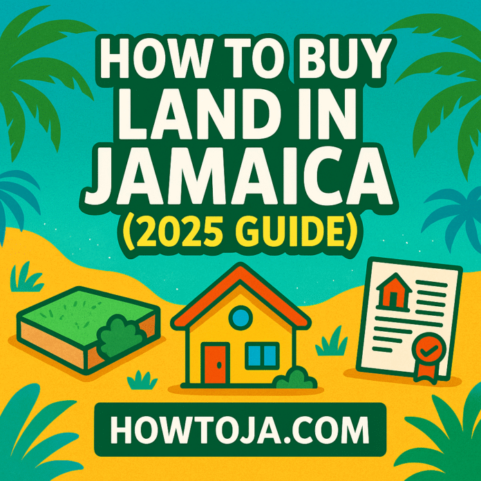 Infographic titled How to Buy Land in Jamaica (2025 Guide) with icons for land, home, and legal documents on a tropical-themed background