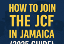 Infographic showing how to join the JCF in Jamaica with bold yellow text on navy background and JCF officers in the background