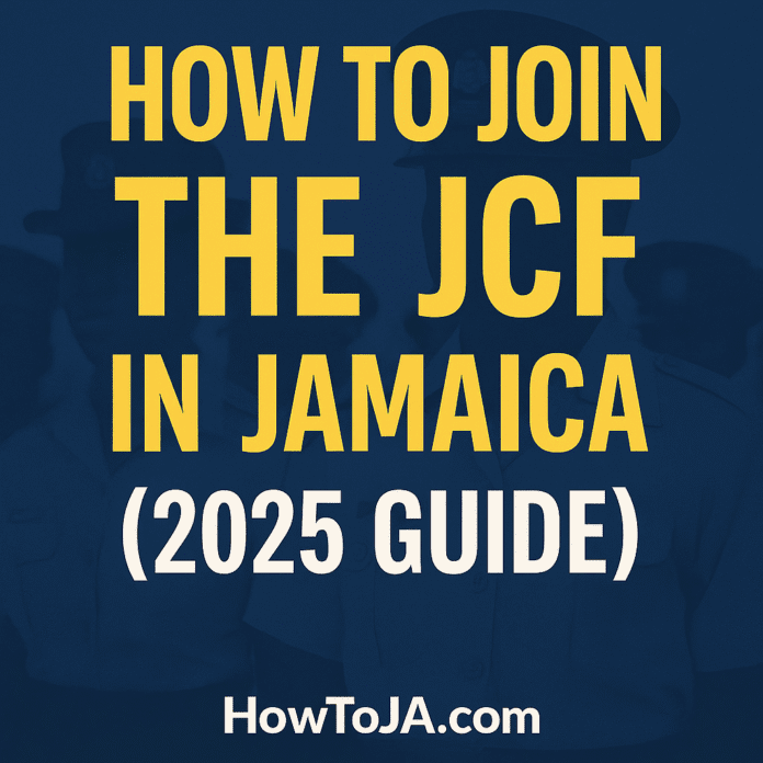 Infographic showing how to join the JCF in Jamaica with bold yellow text on navy background and JCF officers in the background