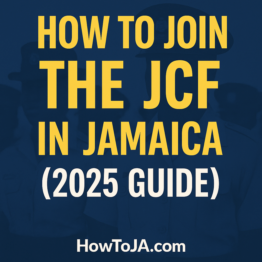 Infographic showing how to join the JCF in Jamaica with bold yellow text on navy background and JCF officers in the background